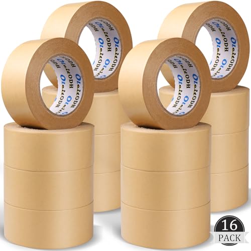 Image of Oleitodh 16 Pack Brown Paper Packing Tape, Kraft Paper Tape Bulk 2 inch x 55 Yardx 7 mil Gummed Tape for Marking, Sealing Box, Masking, Shipping, Strong Adhesive Easy-to-Tear Waterproof Tape