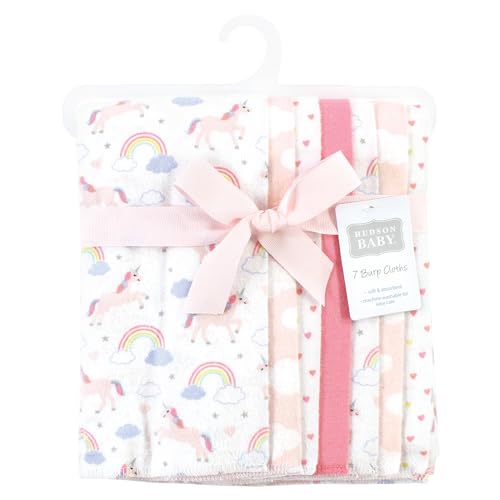 Image of Hudson Baby Unisex Baby Cotton Poly Flannel Burp Cloths, Unicorns Rainbows 7 Pack, One Size
