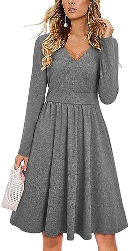 ULTRANICE Vestido feminino casual de outono manga longa gola V ve...