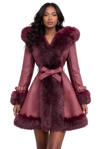 DLNYC Womens Vegan Leather Belted A Line Winter Coat with Faux Fur Trim Hood 3/4 Length Luxurious Winter Fashion Outerwear (US Alpha Small Regular Regular Burgundy)