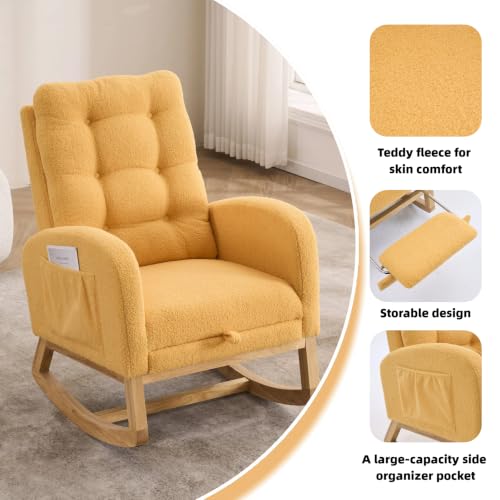 Image of Rocking Chair with Foot Rest, Nursery Rocking Chairs with Rubber Wood Legs, High Back Pocket Modern Upholstered Glider Chair, Comfy Accent Rocker Armchair for Living Room Bedroom,Yellow