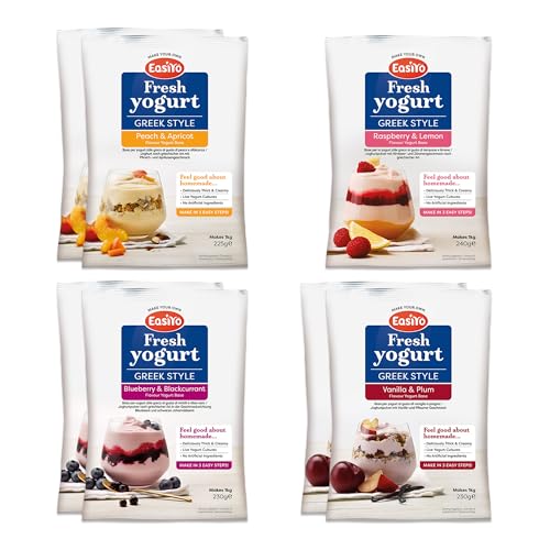 EasiYo Yogurt 7 Sachet Pack | EasiYo Greek Style Mixed Pack | Greek Style 2 x Blueberry & Blackcurrant 2 x Peach and Apricot 2x Vanilla & Plum 1x Raspberry & Lemon | Each Sachet Makes 1kg of Yogurt