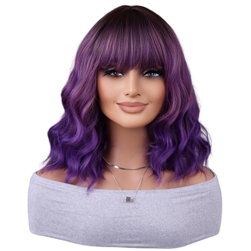 ANESHE Short Wavy Purple Ombre Bob Wig with Bangs Short Curly Wavy Ombre Purple Wigs for Women Shoulder Length Wig Synthetic Fiber Purple Wig for Party Daily Use