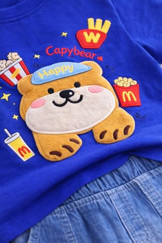 Image of Bold N Elegant Half Sleeve Pure Cotton Baby Boy Girl 3D Cartoon Smiley Animals T-Shirt with Denim Shorts Smart Casual Outfit for Infant Toddler Kids Upto 5 Years