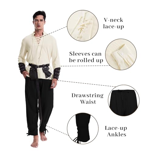 MVFEUIJ Mittelalter Herren Renaissance Kostüm Set, Viking Kostüm Schnürhemd Herren Hose mit Zubehör, Halloween-Kostüm für Cosplay, Zauberer, Maskerade (Schwarze Hosen, XL)