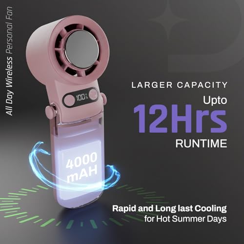 Image of DOMESTICA Flo Hand Fan Rechargeable | 20000 RPM with IcyTouch | 4,000 mAh Battery- Upto 12H | 3-in-1 Hand, Neck & Desk Fan | Portable,180 Foldable Design | For Travel, Office, Makeup | Blush Pink