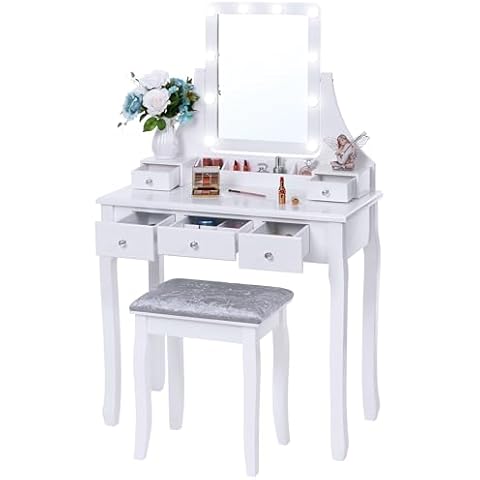 BEWISHOME Vanity Set with Lighted Mirror, 10 LED Dimmable Bulbs, Cushioned Stool, Makeup Vanity Makeup Table Dressing Table 5 Drawers 2 Dividers Removable Organizers White FST08W Cover