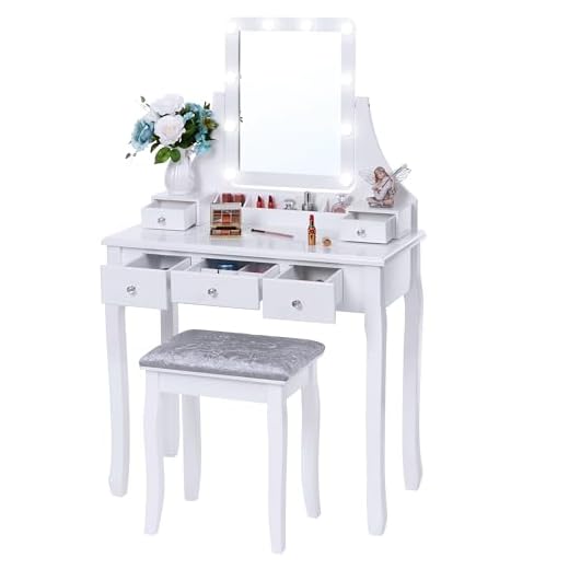 BEWISHOME Vanity Set with Lighted Mirror, 10 LED Dimmable Bulbs, Cushioned Stool, Makeup Vanity Makeup Table Dressing Table 5 Drawers 2 Dividers Removable Organizers White FST08W