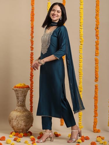 Image of GoSriKi Women's Rayon Viscose Embroidered Straight Kurta with Pant & Dupatta