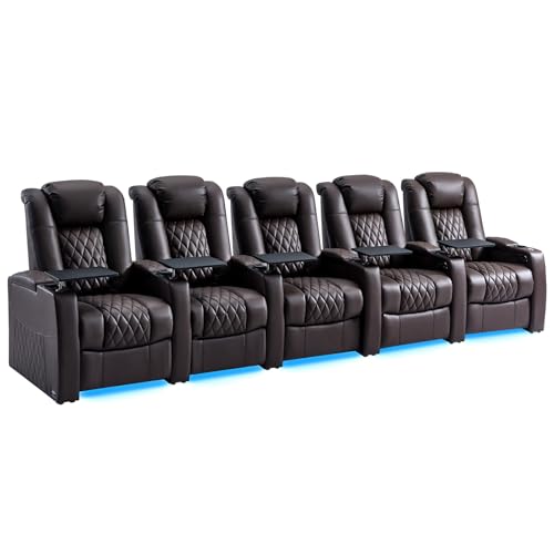 comfiroom Leather Home Theater Seating, Classic Series Top Grain Nappa Leather Recliner Movie Theater Chairs Dual Power Game Seats with Type-C USB Charger (Row of 5, Brown)
