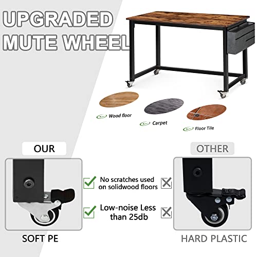 Ahb 47" Rolling Computer Desk With 4 Smooth Wheels And 3 Iron Hooks, Simple Style Mobile Writing Desk Home Office Study Table Movable Workstation With Metal Frame #TOP2