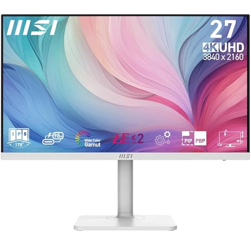 MSI Modern MD272UPHW Monitor Profesional UHD de 27' - Panel IPS de 3840 x 2160, 60 Hz, Montaje VESA, Ajustable en 4 direcciones - HDMI 2.0b, DisplayPort 1.4a, Tipo-C - Blanco