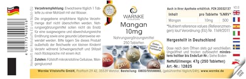 Mangan 10mg - 250 Tabletten - schluckfreundlich - 10mg Mangan pro Tablette - Mangangluconat - HOCHDOSIERT - Deutsche Apothekenqualität - vegan | Warnke Vitalstoffe