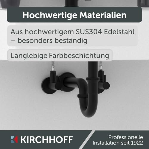 KIRCHHOFF Siphon schwarz Waschbecken, Siphon aus hochwertigem Edelstahl schwarz SUS 304, Ablaufgarnitur Waschbecken schwarz, Syphon Waschbecken schwarz, Siphon mit Gummirosette und Montageanleitung