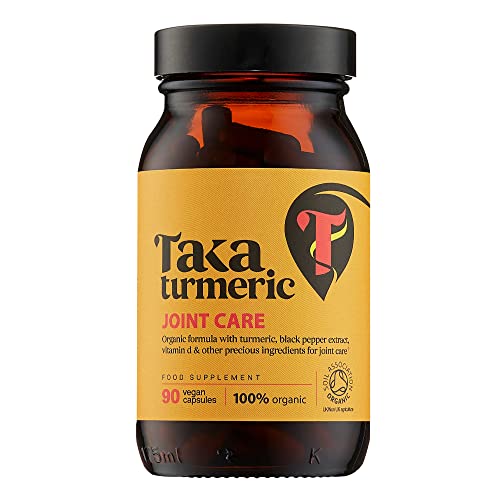Taka Turmeric, 90 Caps Organic Joint Care Supplements with Turmeric Black Pepper Extract Vitamin D & Ginger, Organic Turmeric Ginger and Black Pepper Capsules, Vegan, Recyclable Packaging