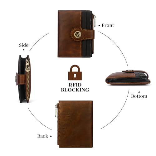 Image of Leather Wallet Women,RFID Blocking Slim Compact Card Holder with Zipper Coin Pocket,Top Grain Cowhide Bifold Women's Wallet(brownblack)