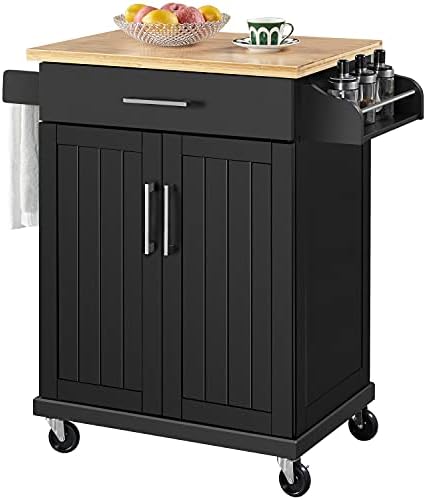 Yaheetech Kitchen Island with Drawer and Storage Cabinet, Kitchen Cart with Double Doors and Spice Rack Towel Bar for Dining Room, Black