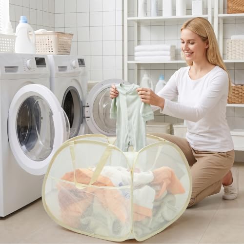 Image of Collapsible Laundry Baskets, 90L Large Foldable Laundry Basket, Durable Mesh Pop Up Hampers for Laundry, Dirty Clothes Laundry Hamper for Bedroom, Bathroom, Dorm, Laundry Room, Travel, Camping Beige