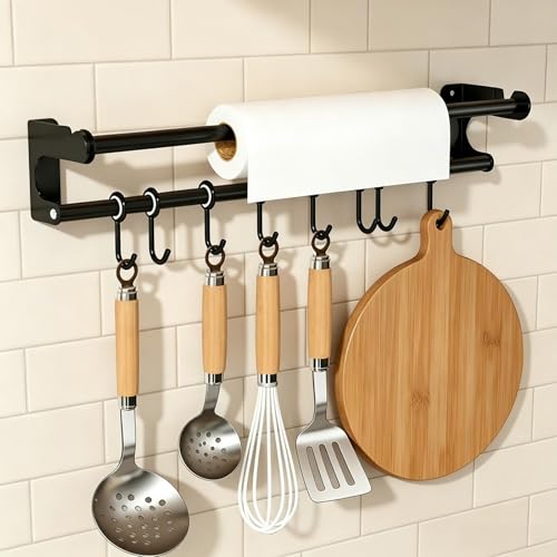 PARFCO Barre de Cuisine Murale 50 cm, Porte Ustensiles Cuisine avec 8 Crochets Amovibles, Barre de Suspension Cuisine Gain de Place, Support Ustensiles pour...