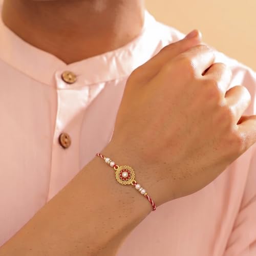 Image of Peora Rakhshabandhan Thread Rakhi for Brother Bhaiya | Kundan Beads & Crystal Studded | Combo Set of 2 | Rakhi Hamper Roli Chawal & Greeting Card