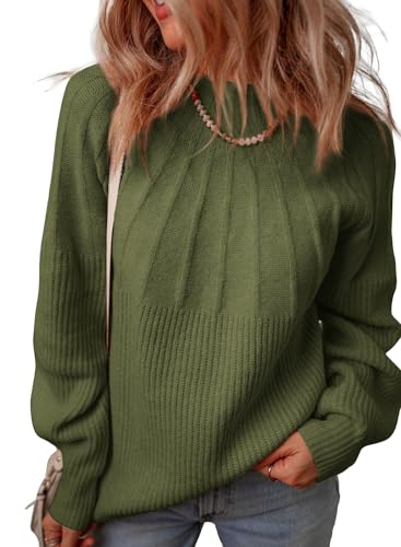 Dokotoo Womens Sweaters Fall Outfits 2026 Winter Clothing Turtleneck Oversized Sweater Long Sleeve Cable Knit Chunky Pullover Mock Neck Tops Casual Cozy Jumpers Plus Size Green Sweaters for Women M