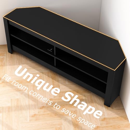 CASART TV Stand Cabinet for TVs up to 60", 140cm Corner TV Unit with Power Outlet & Open Shelves, Modern Media Entertainment Center TV Table for Living Room Bedroom (Black) - Image 3