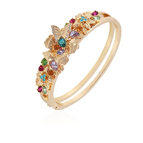 GUESS Goldtone Multi Colored Stone Floral Butterfly Hinge Bangle Bracelet