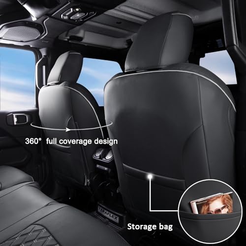 Image of GIANT PANDA Jeep Wrangler 4 Door JL 2018-2026 Full Set Car Seat Covers for Sahara Sport Rubicon Willys Without Rear Cup Holder, Customized Faux Leather - (Black+Gray)