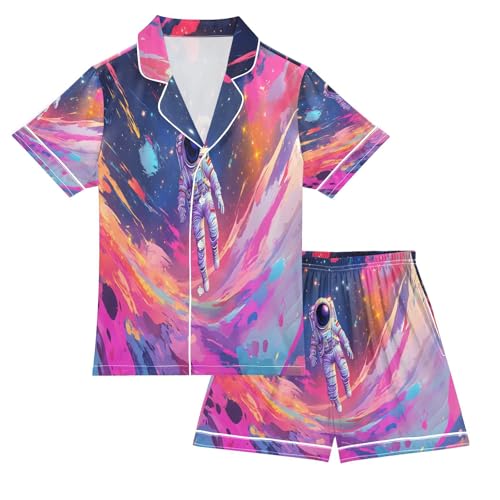 ALAZA Astronaut Colorful Satin Pajamas Set Short Sleeve Button Down Sleepwear Summer Pjs 2 Piece