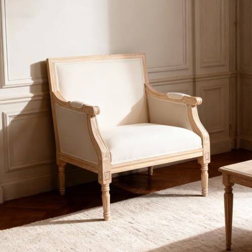SSLine Mid Century French Accent Chair,Solid Wood Armchair with Vintage Curved Backrest,Farmhouses Reading Chair for Living Room,Bedroom,Single Chair (Beige1)