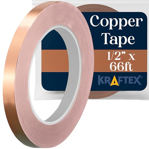 Image of Kraftex Copper Tape 1 /2 inch x 66ft. Copper Foil Tape for Stained Glass Soldering with Conductive Adhesive. Great Shielding for Guitars, EMI Shielding, Jewlery Making and Crafts