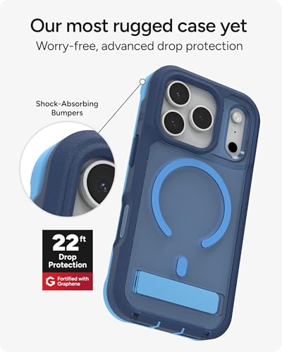 Image of ZAGG Rainier Case with Kickstand for iPhone 17 Pro - Blue Cobalt Horizon, Graphene 22ft (7m) Drop Protection, Lanyard Attach Points, MagSafe, Wireless Charging Compatible, 2-Piece Design, Phone Case