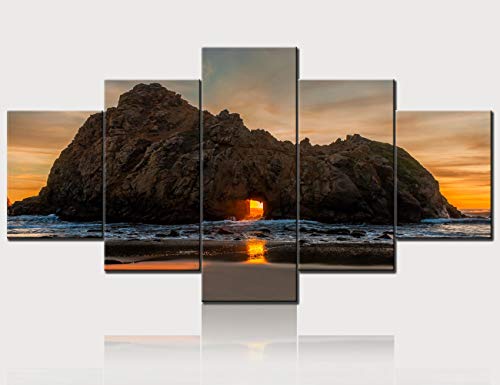 Landscape Pictures for Walls Sea Art Julia Pfeiffer Beach Pictures Big Sur,California Paintings 5 Panel Canvas USA Contemporary Artwork Home Decor for Living Room Framed Ready to Hang(60''Wx32''H)