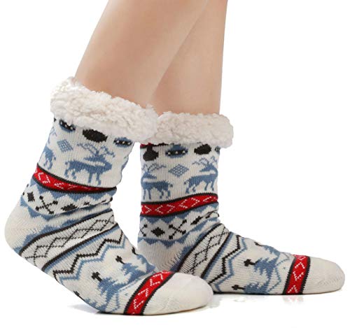 JARSEEN Mujer Hombre Navidad Calcetines Invierno Calentar Pantuflas de Estar Por Casa Super Suaves Cómodos Calcetines Antideslizante (Ciervo Azul, EU 36-42)