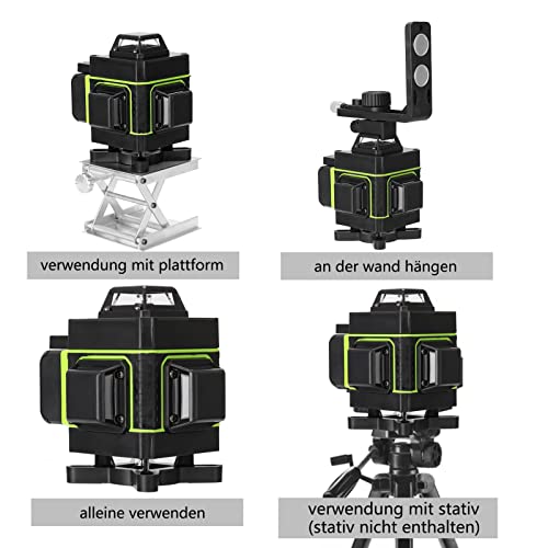 KKnoon Nivel Láser Verde Autonivelante 4 x 360° 4D Nivelador Láser 16 Líneas Línea Vertical y Horizontal, 2 Baterías + Soporte de Pared + Carga USB + Mesa Elevadora + Control Remoto