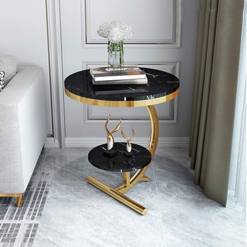 Image of NEST NATURE HAVEN 2 Tier Round Coffee Table Nightstand Bedside Telephone Table with Storage, End Table Sofa Side Corner Table for Living Room Bedroom Small Spaces (Golden and Black)
