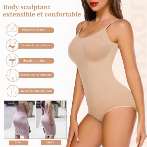 Joyshaper Body Sculptant Femme Gainant Ventre Plat Invisible Bodysuit Shapewear Push Up Body Gainant Minceur avec Bretelles Ajustable, Beige, XL – vue 4