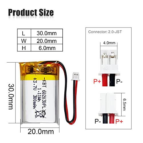 Kbt 3.7V 300Mah Li-Polymer Battery: 602030 Lipo Rechargeable Lithium-Ion Replacement Batteries With Ph 1.25 Jst Connector, Ph2.0/2.54 Jst Connector For Replacement-8Pack #TOP1