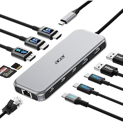 Acer Laptop Docking Station 3 Monitors, 11-in-1 USB C Docking Station with 8K DP, HDMI 4K@60Hz, 10Gbps Data, 1 Gbps Ethernet Hub, 100W Power Delivery, SD/TF, USB C Hub Multiport Adapter for Laptop