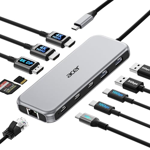 Acer Laptop Docking Station 3 Monitors, 11-in-1 USB C Docking Station with 8K DP, HDMI 4K@60Hz, 10Gbps Data, 1 Gbps Ethernet Hub, 100W Power Delivery, SD/TF, USB C Hub Multiport Adapter for Laptop