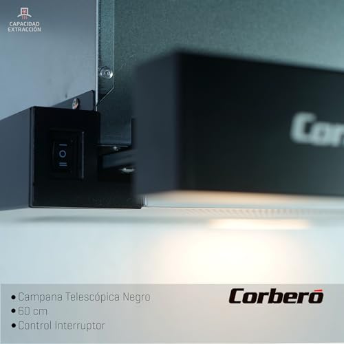 Corberó VINSON635B Dunstabzugshaube, schwarz, 60 cm, Durchflussmenge 350 m³/h, Leistung 65 W, 2 Geschwindigkeiten, Aluminiumfilter 3 Schichten, Kohlefilter, Energieeffizienz B