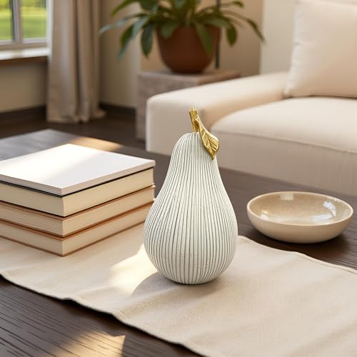 Figura pera gris-blanca con hoja dorada en resina miniatura 2