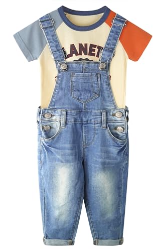 Toddler Little Big Boys 2 Piece Outfits, Graphic Dinosaur Bear Planet Puppy Printed Cotton T-shirt Denim Overalls