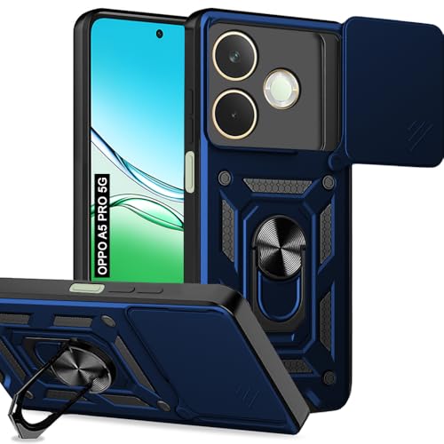 Image of AESTMO Tough Armor Oppo A5 Pro 5G Bumper Back Case Cover | Ring Holder & Sliding Camera Shield Cover | 360 Degree Protection Back Case Cover for Oppo A5 Pro 5G (Blue)