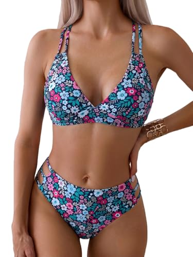 Image of Fanuerg Women's Sexy V Neck Bikini Sets Hollow Out Two Piece Swimsuits Cutout Mid Waist Bathing Suit