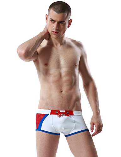 SEOBEAN Mens Low Rise Sexy Sport Swimwear Trunk Boxer Brief Bikini Swimsuit (Large(31-34"), 2696 White)2