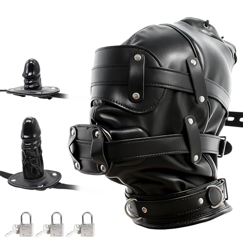 Image of FST Black Leather Bondage Hood,Full Face Blinder Detachable Cover Eye Dildo Mouth Gag Head Hood, for Unisex Adult Play