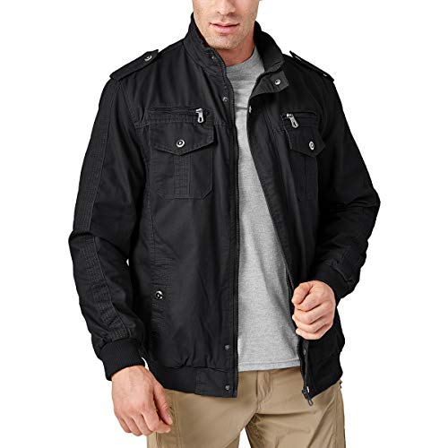 Tacvasen Men's Lightweight Cotton Jacket Military Multi-Pockets Coat Windproof Black, L #TOP5