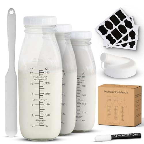 Image of Breast Milk Pitcher | Set of 3 Glass Breastmilk Storage Bottles, Pour Spout & Silicone Spatula | Breast Milk Container w/ Chalkboard Labels & Pen | Ideal Breastmilk Storage Pitcher for Baby Shower