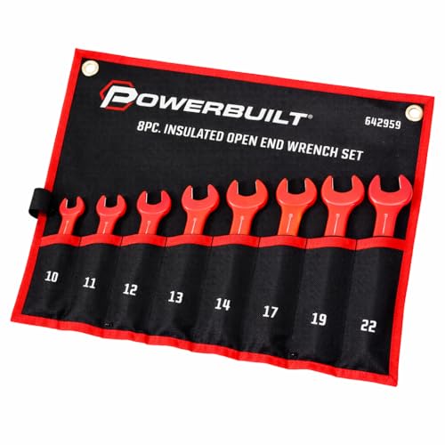 Powerbuilt 8-Piece Open End Insulated VDE Wrench Set, Rated for 1000V, Sizes 10mm-22mm, Electric and Hybrid Vehicles, Home Electrical and Car Repair - 642959